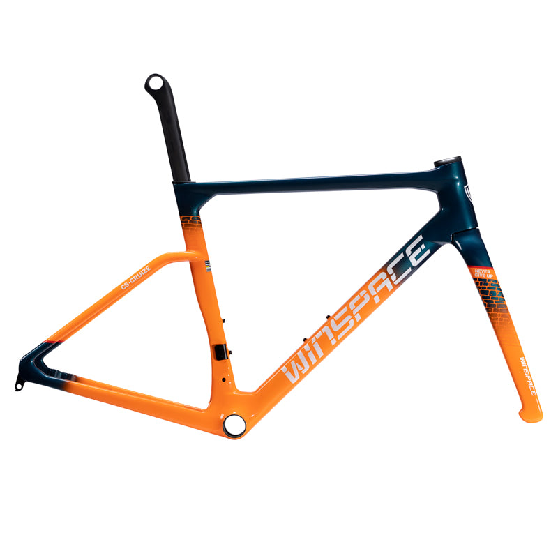 C5 carbon fiber road bike frameset, teal to orange gradient, aero seatpost, matching fork, WINSPACE logo.