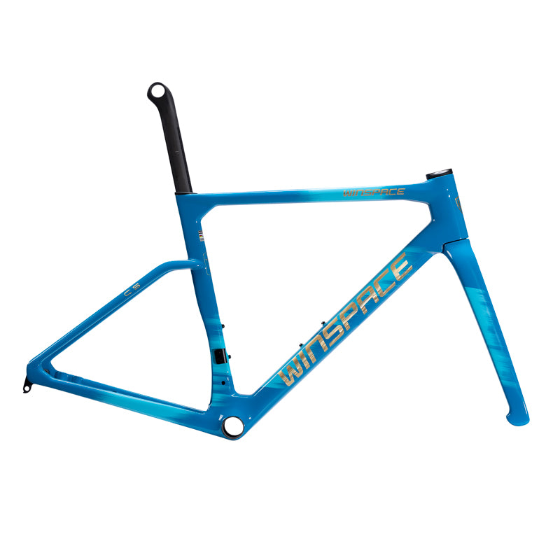 WINSPACE C5 carbon fiber road bike frameset, teal-to-blue gradient, integrated aero seatpost, fork, gold WINSPACE logos.
