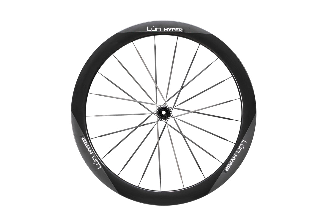 Matte black LUN HYPER 5 carbon fiber bicycle wheel with thin grey spokes and white branding on rim.