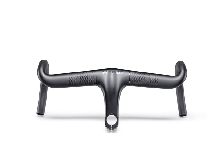 Matte black carbon fiber HYPER integrated bicycle handlebar with textured grip and drop bar shape.