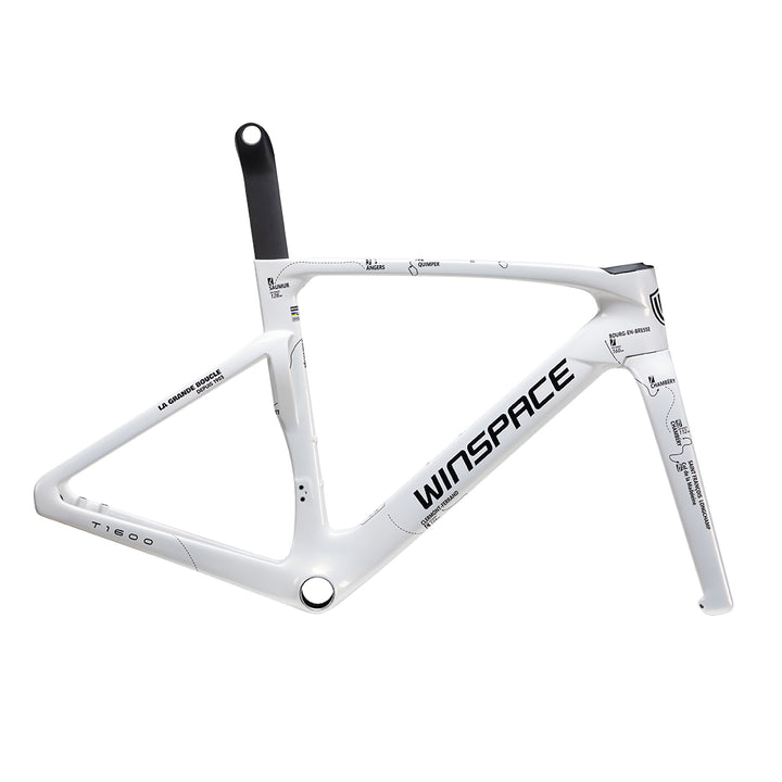 Winspace T1600 white bicycle frame with black graphics and logos, showing product appearance on a white background.