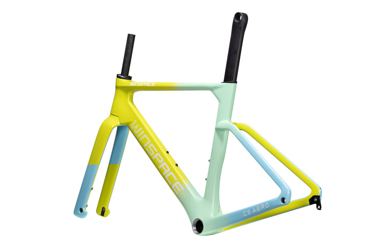 Winspace C5 Aero road bike frame in yellow, mint, and blue gradient. Aerodynamic carbon fiber design.