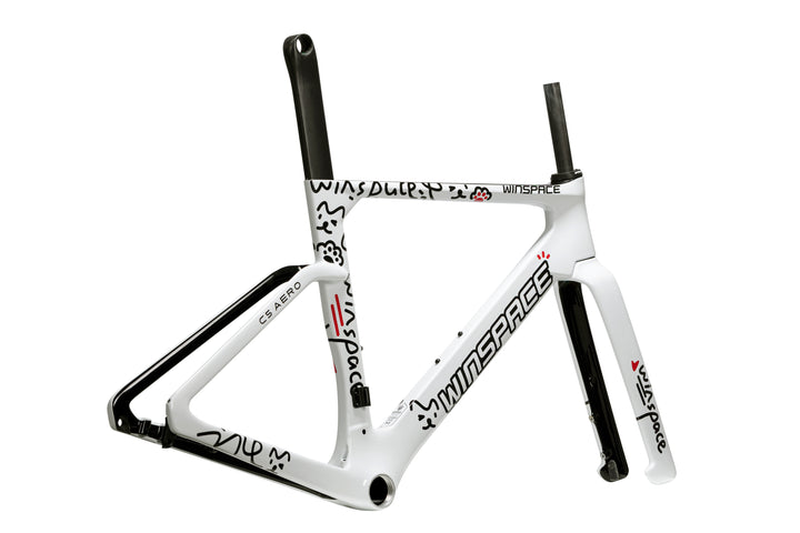 White Winspace C5 Aero road bike frame with black doodles, red accents, and aerodynamic carbon design.