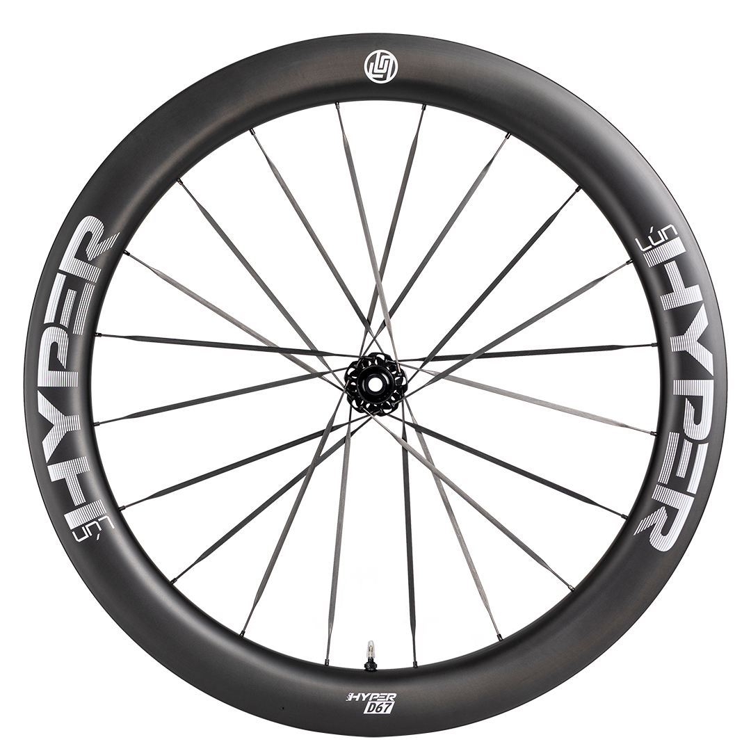 HYPER 3 D67 carbon disc wheelset, UD matte black with white HYPER branding, 60mm front, 68mm rear, 5.2mm wide-body spokes.