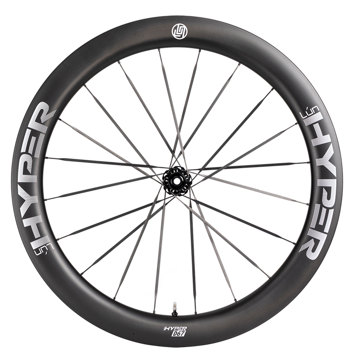 HYPER 3 D67 carbon disc wheelset, UD matte black with white HYPER branding, 60mm front, 68mm rear, 5.2mm wide-body spokes.