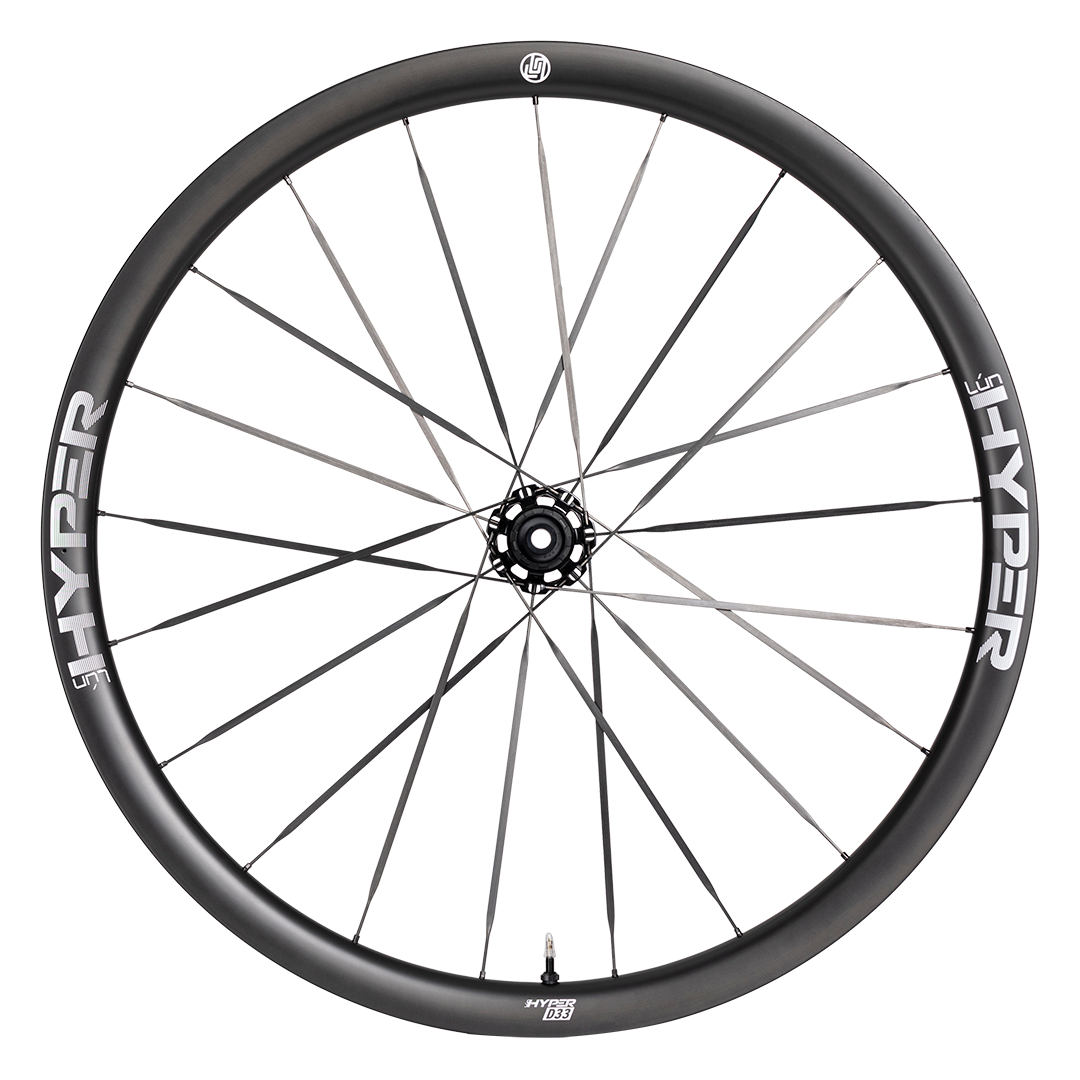 HYPER 3 D33 carbon fiber 35mm front wheel, UD matte finish, white laser decals, carbon spokes with T-LOCK nipples.