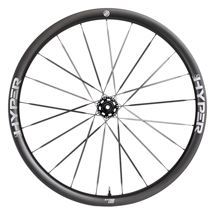 HYPER 3 D33 carbon fiber 35mm front wheel, UD matte finish, white laser decals, carbon spokes with T-LOCK nipples.