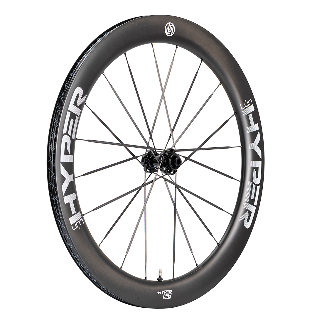 HYPER 3 D67 carbon disc wheelset, UD matte black finish with white HYPER branding and 60mm front / 68mm rear rim depth.