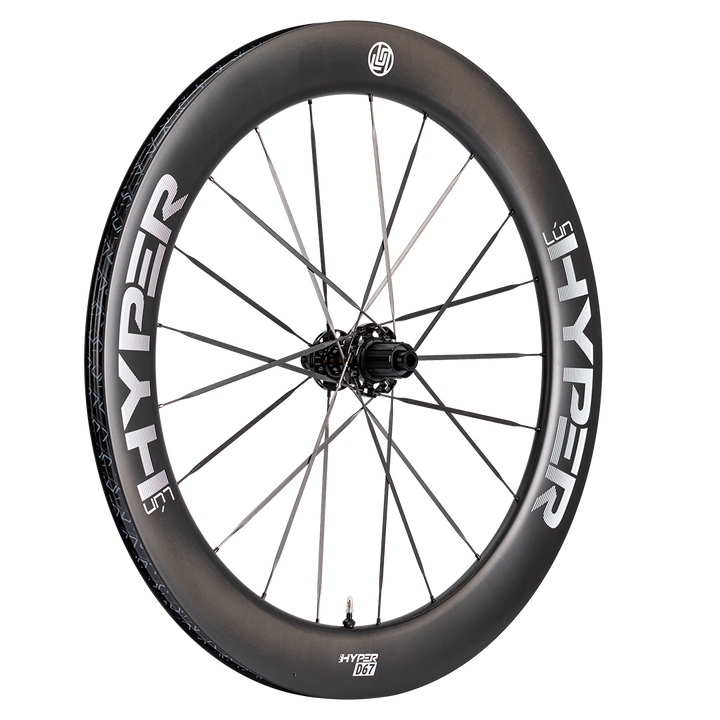 HYPER 3 D67 carbon disc wheelset, UD matte black, white HYPER branding, 60mm front / 68mm rear, 5.2mm wide spokes.