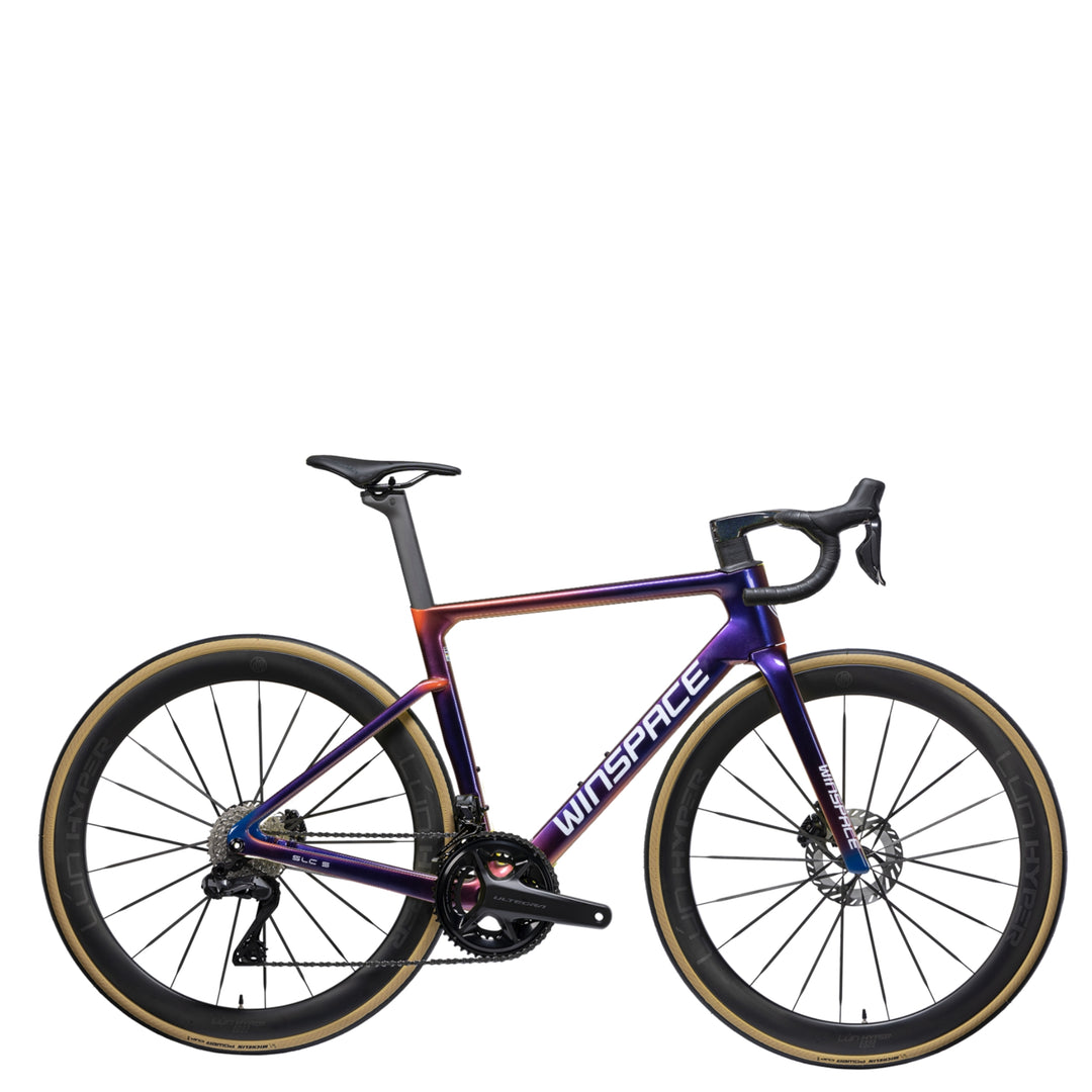 WINSPACE SLC5.0 road bike, purple to orange gradient, carbon frame, Ultegra Di2, disc brakes, tan tires.