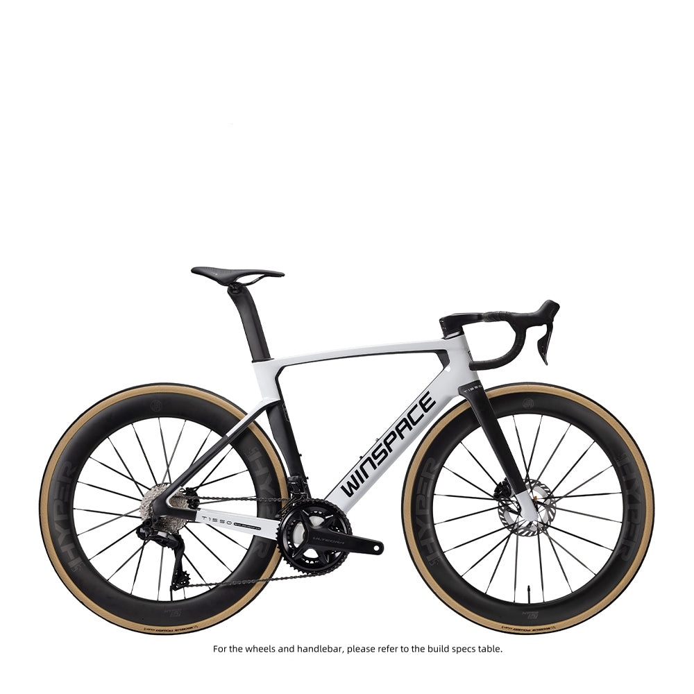 White T1550 Gen2 road bike with black Ultegra Di2 drivetrain, tan-wall tires, and disc brakes. WINSPACE logo on frame.