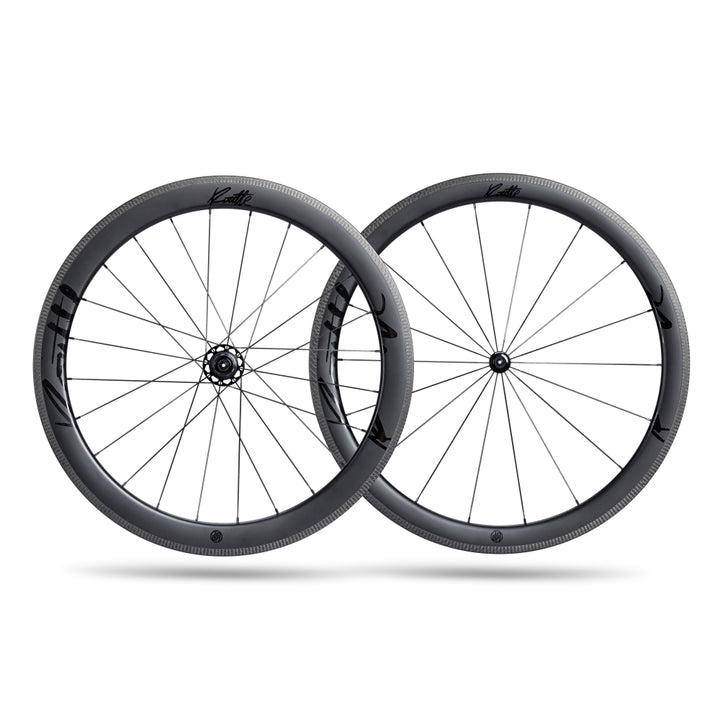 Lún Routte SE carbon fiber rim brake wheelset: 46mm front, 54mm rear, matte grey, with black Lún Routte branding.