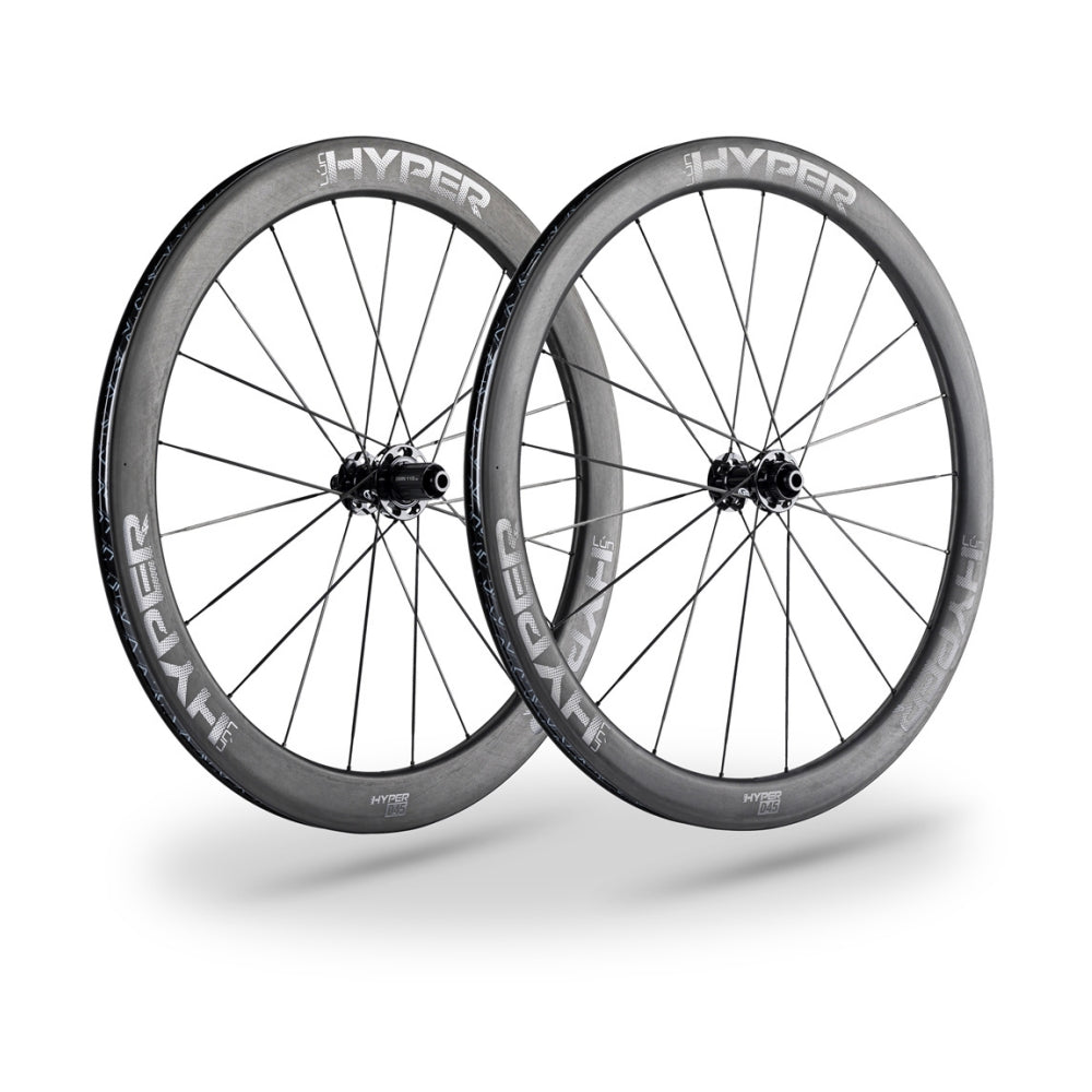 Lún HYPER 23 SE D45 carbon disc wheelset, matte UD, 46/54mm depth, 21mm internal, black carbon spokes.