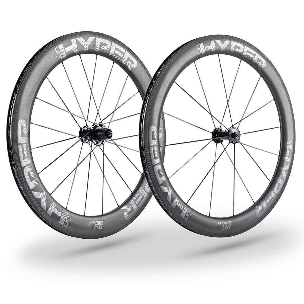 Lún HYPER 23 SE R67 carbon rim brake wheelset, UD finish, grey HYPER branding, 67mm depth, textured brake track.