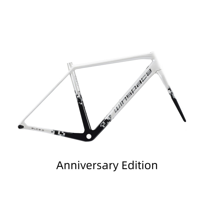 WINSPACE SLC 2.0 Anniversary Edition bike frame: matte white, gloss black pixel gradient. Logo on downtube.