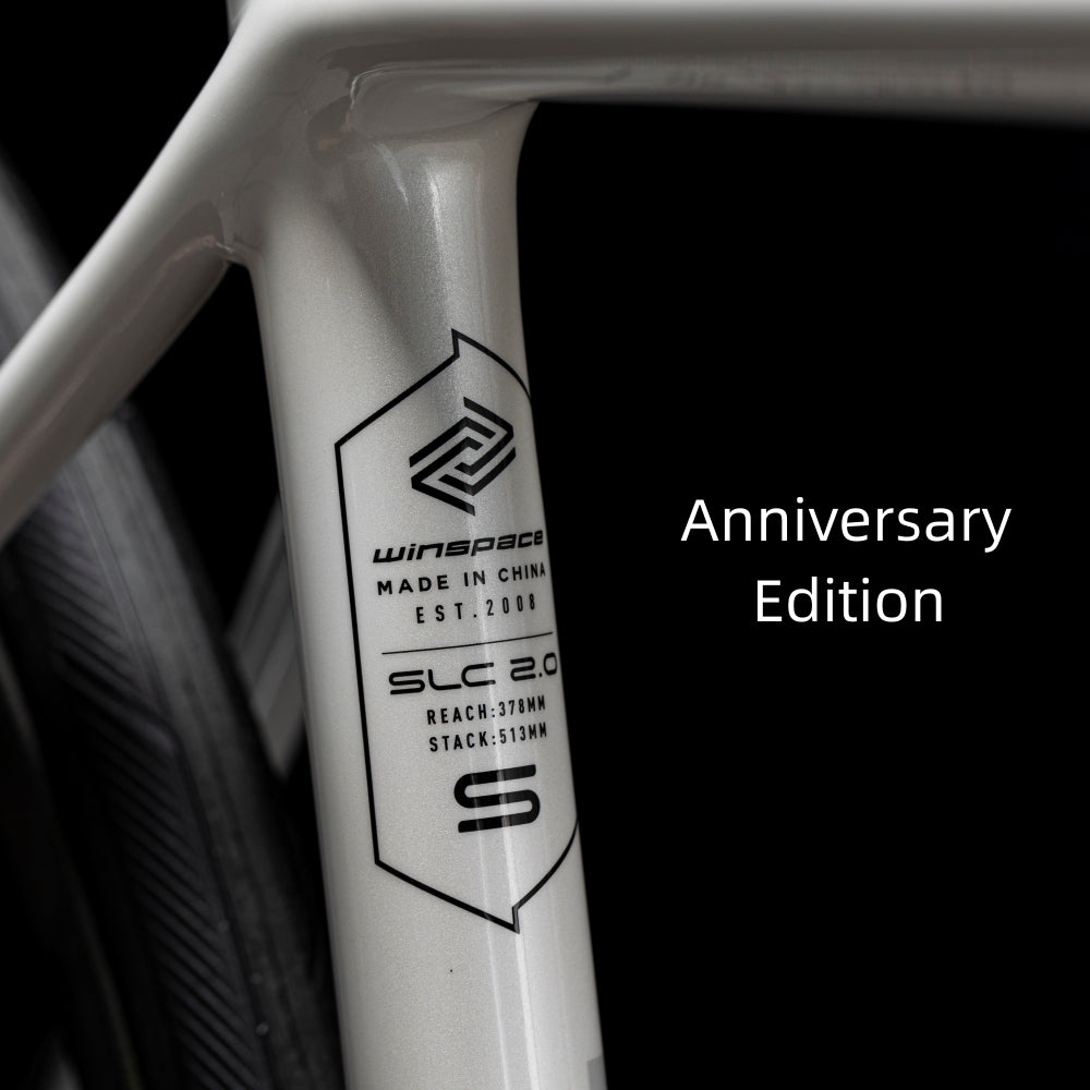 Matte white WINSPACE SLC 2.0 Anniversary Edition carbon fiber bicycle frame with gloss logo and details.