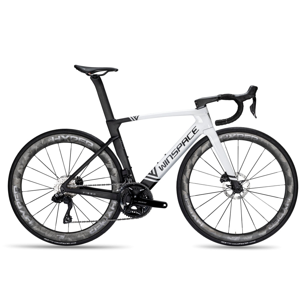 White Winspace T1550 Gen 1 carbon road bike with black accents, aero design, and disc wheels.