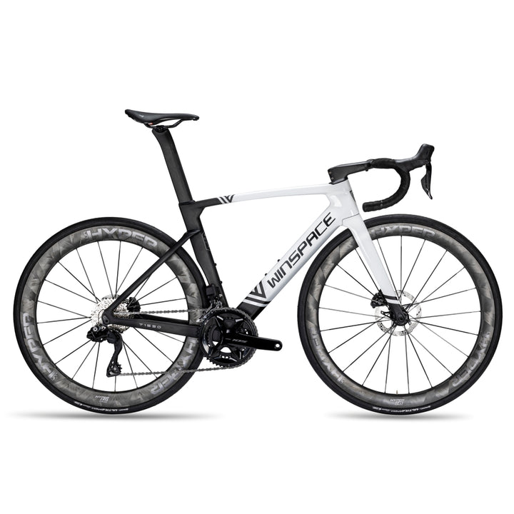 White Winspace T1550 Gen 1 carbon road bike with black accents, aero design, and disc wheels.