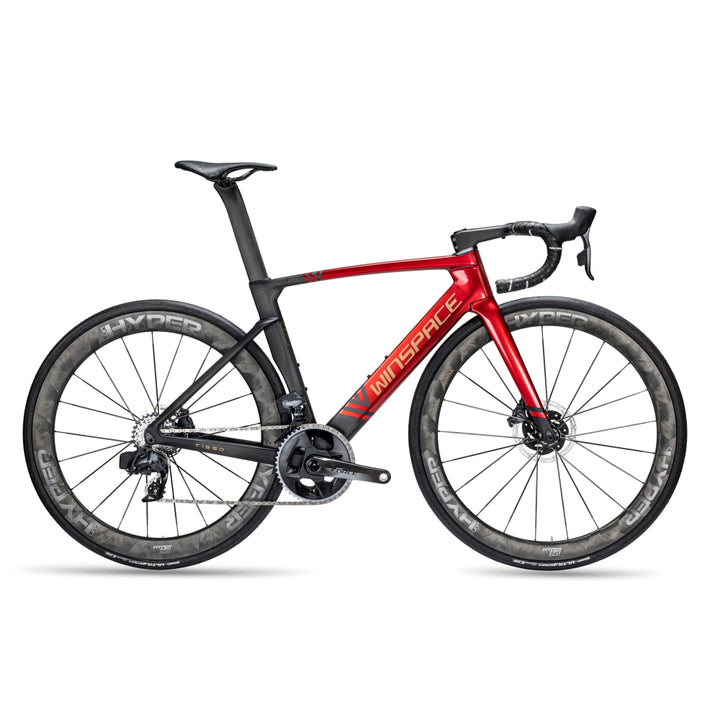 Winspace T1550 Gen 1 carbon road bike, red to black gradient, gold WINSPACE logo, aero design, disc brakes.