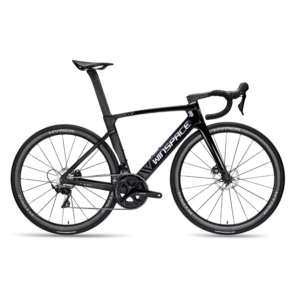 Black Winspace T1550 Gen 1 aerodynamic carbon road bike with disc brakes and integrated cable routing on white background.