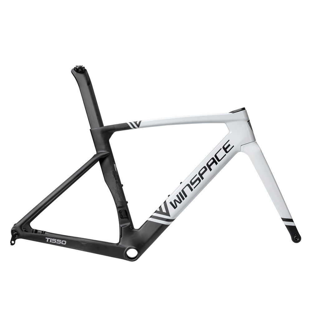 T1550 Gen 1 carbon road bike frameset: white/black, aggressive aero design.