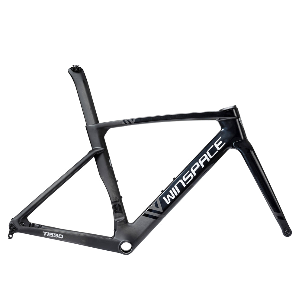 Winspace T1550 carbon road bike frameset, black, aggressive aero design with white branding.