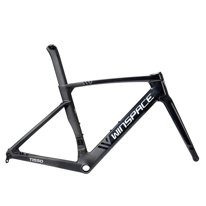 Winspace T1550 carbon road bike frameset, black, aggressive aero design with white branding.