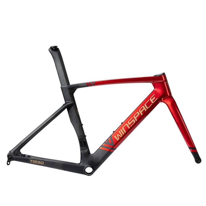 Winspace T1550 Gen 1 carbon road bike frameset, red to black gradient, gold WINSPACE logo, aero design.