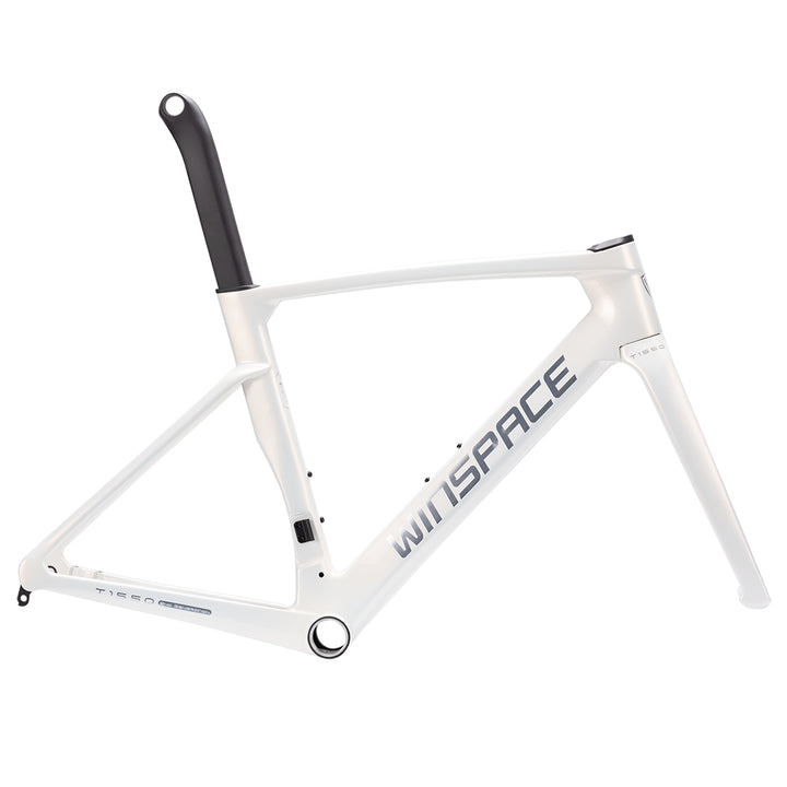 White T1550 Gen 2 carbon fiber frameset with integrated black aero seatpost and WINSPACE branding. UCI approved.
