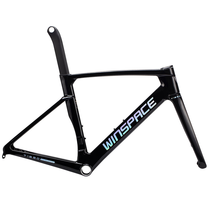 Black T1550 Gen 2 carbon fiber bike frameset with holographic WINSPACE logo and integrated aero seatpost.