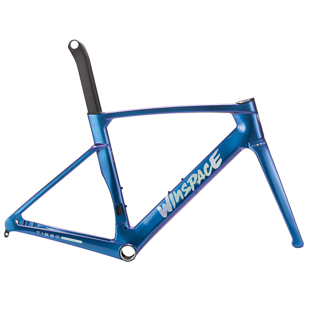 Metallic blue T1550 Gen 2 carbon fiber bike frame with internal cable routing and proprietary aero seatpost.