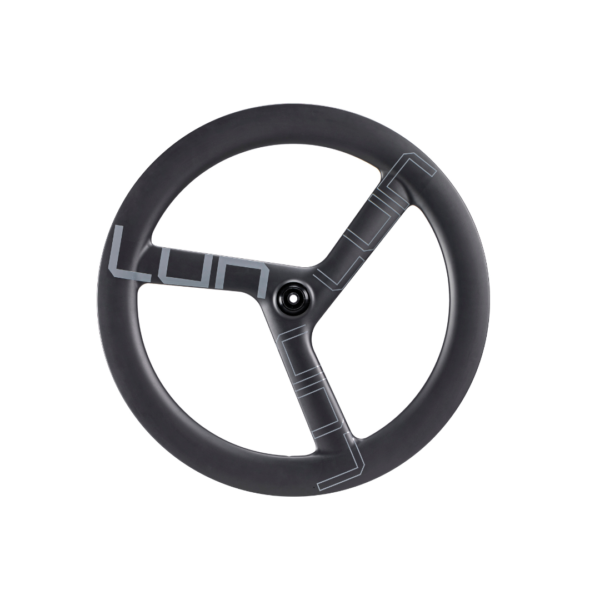 Lún Kronos carbon fiber tri-spoke bicycle wheel, lightweight and aerodynamic, for track racing and time trials.