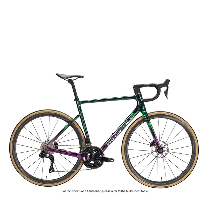 SLC3.0 105 Di2 road bike with green and purple gradient frame and WINSPACE logo. Disc brakes and tan tires.