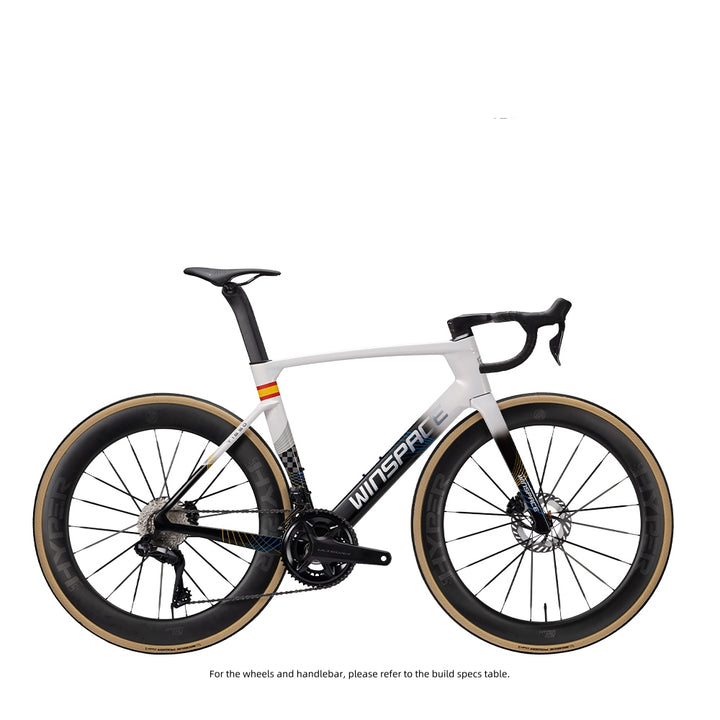 White T1550 Gen2 road bike, matte finish, racing graphics, carbon wheels, tan tires, disc brakes. WINSPACE.