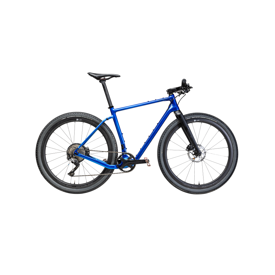 Metallic blue Winspace G2 gravel bike with black wheels and seat, on black background.