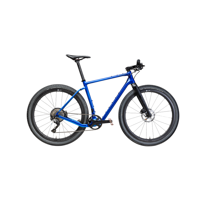Metallic blue Winspace G2 gravel bike with black wheels and seat, on black background.