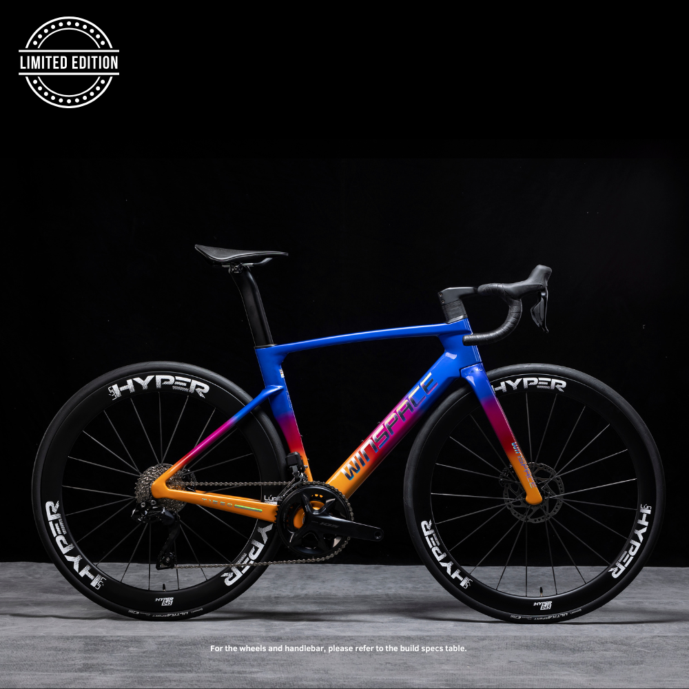 Limited edition Winspace T1550 Gen2 road bike, gradient blue/pink/orange frame, Ultegra Di2, HYPER wheels, disc brakes.