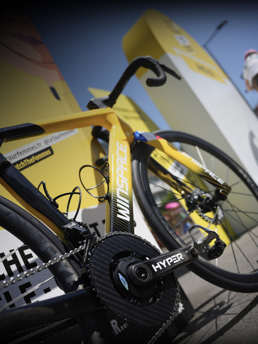 HYPER crankset detail on a yellow Winspace race bike