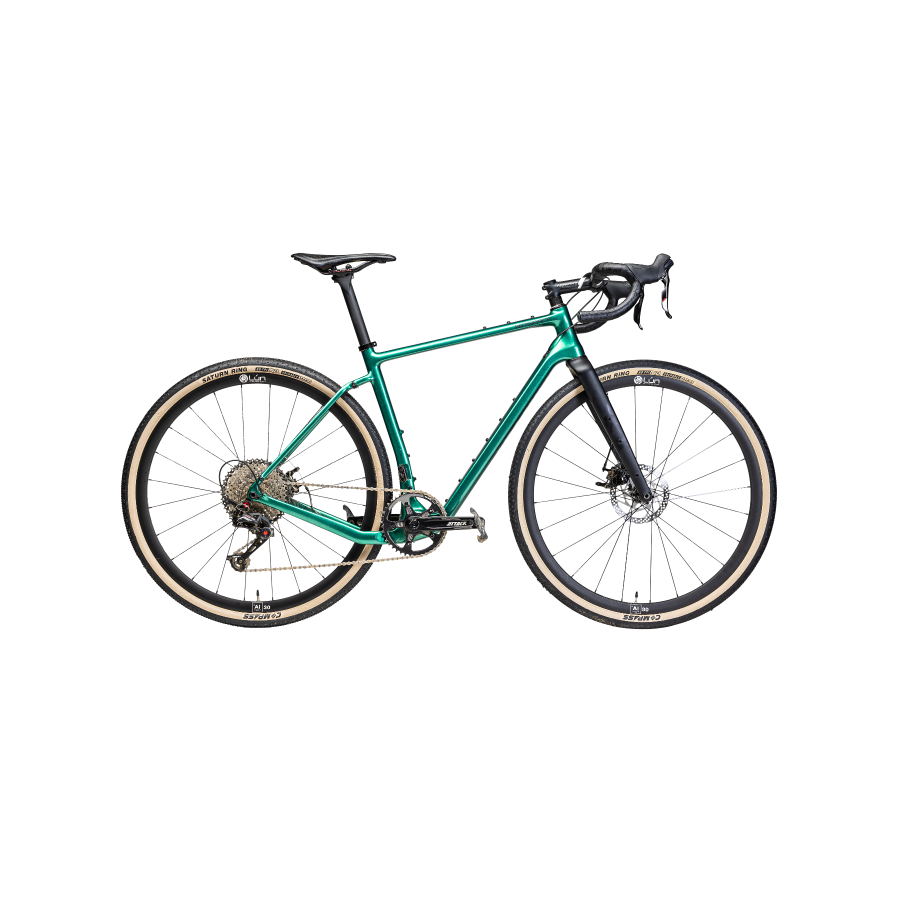Emerald green Winspace G2 gravel bike frameset with tan tires and black fork. Features mounting points & BSA bottom bracket.