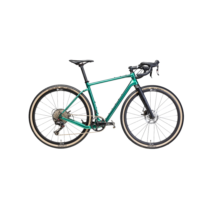 Emerald green Winspace G2 gravel bike frameset with tan tires and black fork. Features mounting points & BSA bottom bracket.