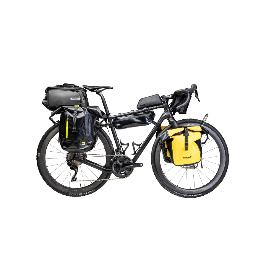 Matte black Winspace G2 gravel bike with yellow and black bikepacking bags for adventure touring.