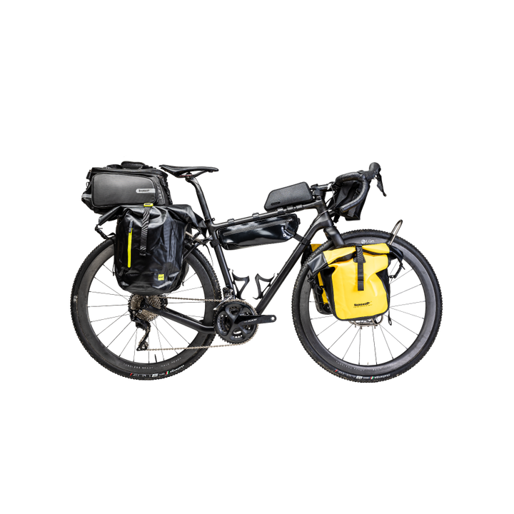 Matte black Winspace G2 gravel bike with yellow and black bikepacking bags for adventure touring.