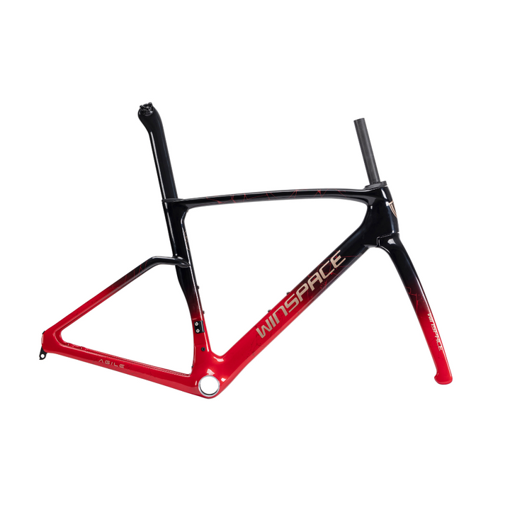 WINSPACE Agile carbon fiber road bike frame and fork, black to red gradient, aerodynamic design, disc brake compatible.