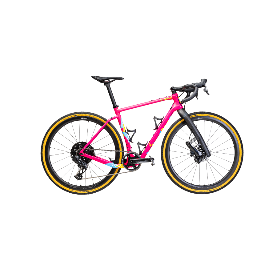 Winspace G2 Gravel bike in vibrant pink with retro geometric graphics and 'THE MULLET' branding.