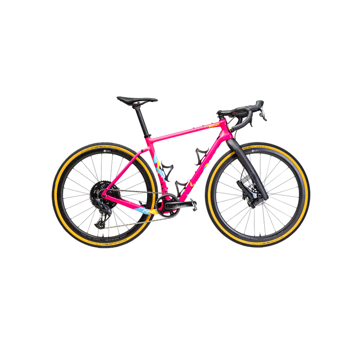 Winspace G2 Gravel bike in vibrant pink with retro geometric graphics and 'THE MULLET' branding.