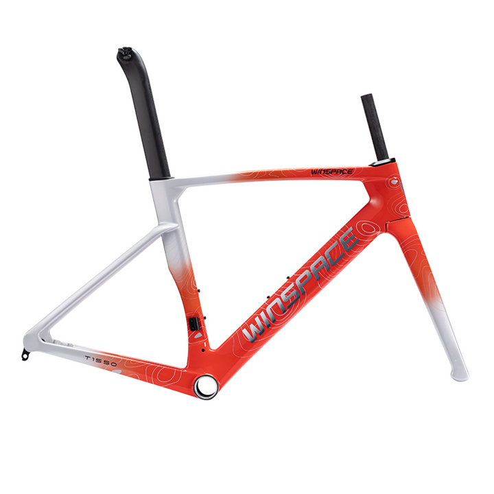 T1550 Gen 2 carbon fiber road frameset with white-to-red gradient, aero seatpost, and WINSPACE branding. UCI approved.
