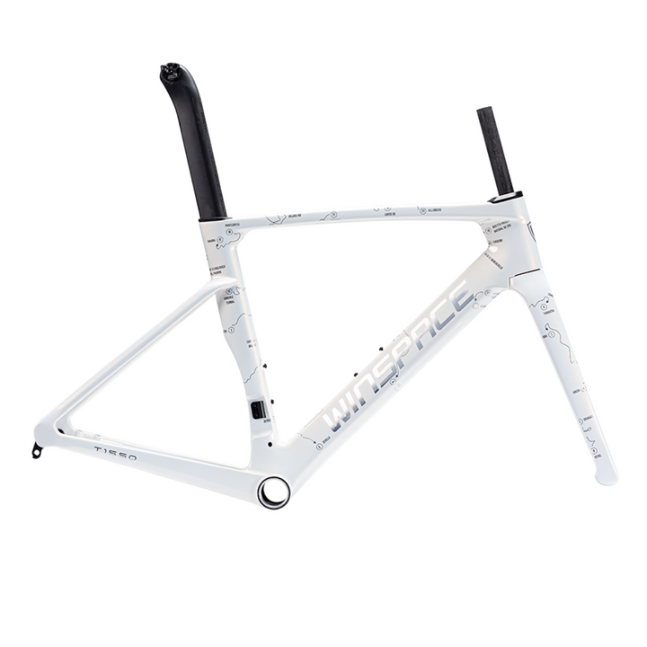 White T1550 Gen 2 carbon fiber frameset with map graphics, aero seatpost, and internal cable routing.