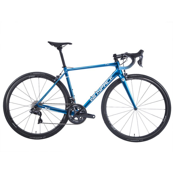 WINSPACE SLC2.0 metallic blue carbon fiber road bike with deep-section wheels and WINSPACE logo on downtube.