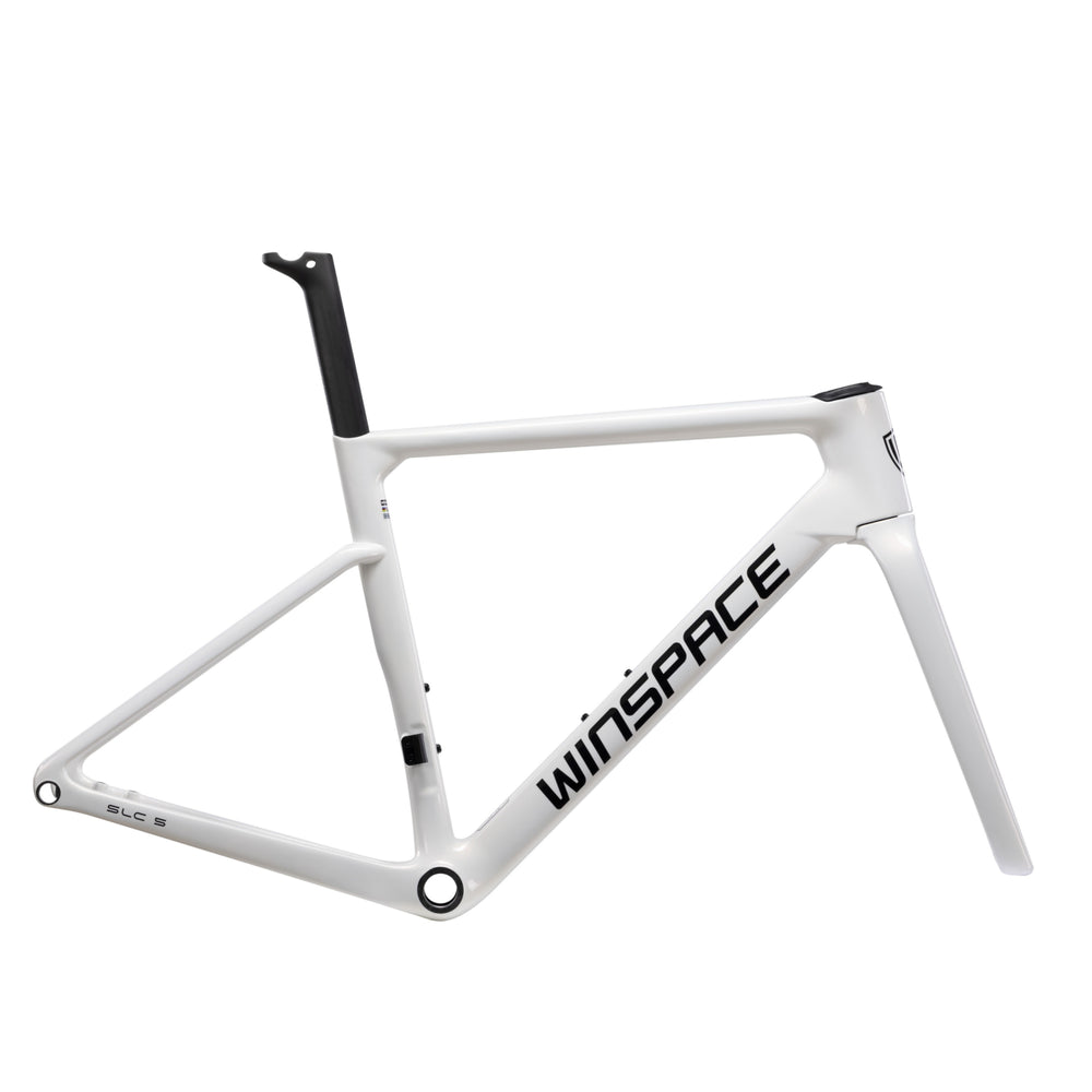 White carbon fiber SLC 5.0 road bike frame with black WINSPACE logo and integrated seat post.