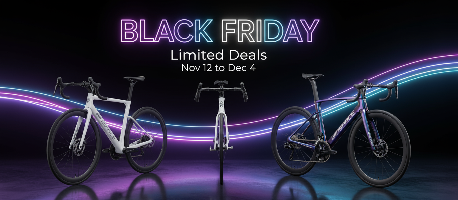 Black Friday Limited Deals advertisement (Nov 12 to Dec 4) with three WINSPACE road bikes and neon lighting.